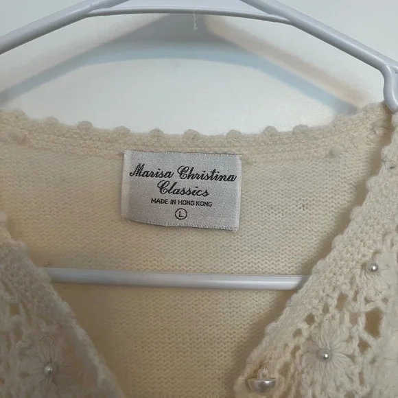 Marisa Christina Sweater Large Ivory Pearl Stud Lambswool Knit Cardigan Vintage - Picture 2 of 14